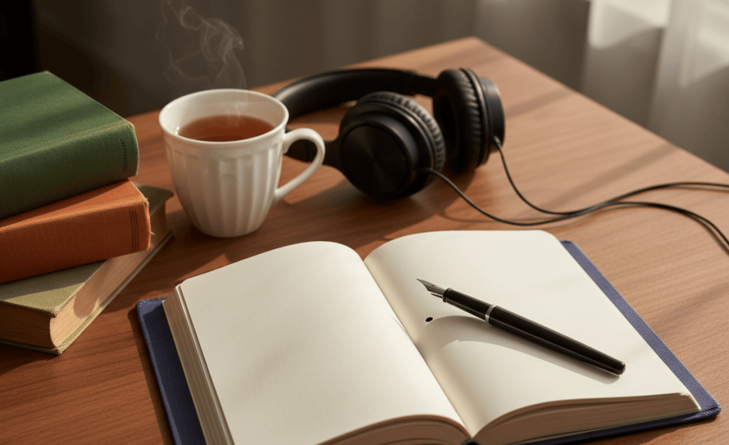 A hardcover journal with a linen-textured, deep indigo cover lies open on a walnut desk, its creamy blank pages slightly curved and inviting. A sleek black fountain pen rests diagonally across the margin, a tiny bead of ink glistening at the nib. Around it, a stack of well-worn books, a porcelain mug of tea, and a pair of over-ear headphones create a sanctuary of quiet. Soft afternoon light from an unseen window washes the scene in a gentle glow, casting elongated, delicate shadows. Captured in photographic realism at a slightly elevated angle with a shallow depth of field, the composition feels intimate, calm, and sophisticated, perfect for a reflective personal diary homepage.
