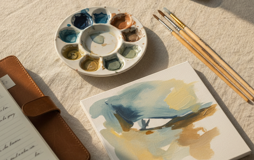 A neat spread of creative tools arranged on a textured linen table runner: a small watercolor palette with dried pigment wells, three fine-tipped brushes with wooden handles, a square canvas panel showing the first delicate strokes of an abstract painting in muted blues and ochres, and a leather-bound notebook half-filled with handwritten lines. A slim laptop sits slightly out of focus at the edge, suggesting drafting stories and essays. Morning light filters in from the left, creating gentle highlights on the wet paint and subtle shadows along the brushes. Photographic realism, captured from above with balanced composition and crisp detail, conveys a sophisticated, artistic workspace for posts about paintings, artwork, and writing.